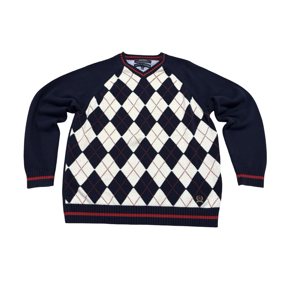 Tommy Hilfiger Men's Argyle V Neck Sweater Preppy Size Large 22 x 26